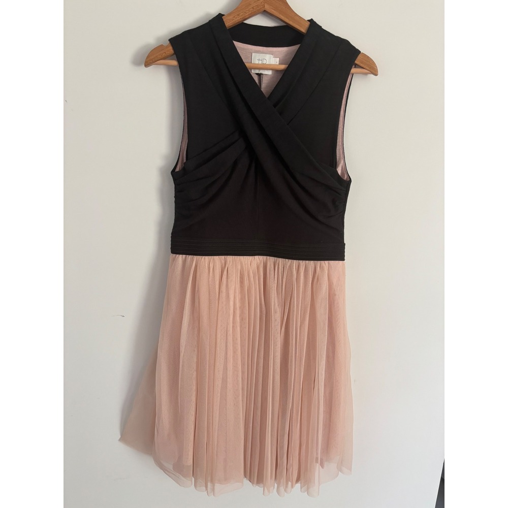 HD in Paris Anthropologie Black Blush Pink Tulle surplice wrap dress women’s M